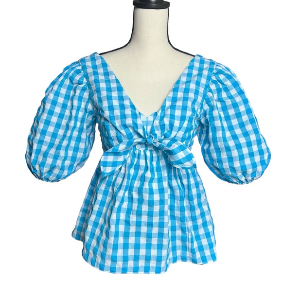 Lilly Pulitzer Tops - Lilly Pulitzer Sarafina Puff Sleeve Top Size 4 | Turquoise Oasis Crinkle Gingham